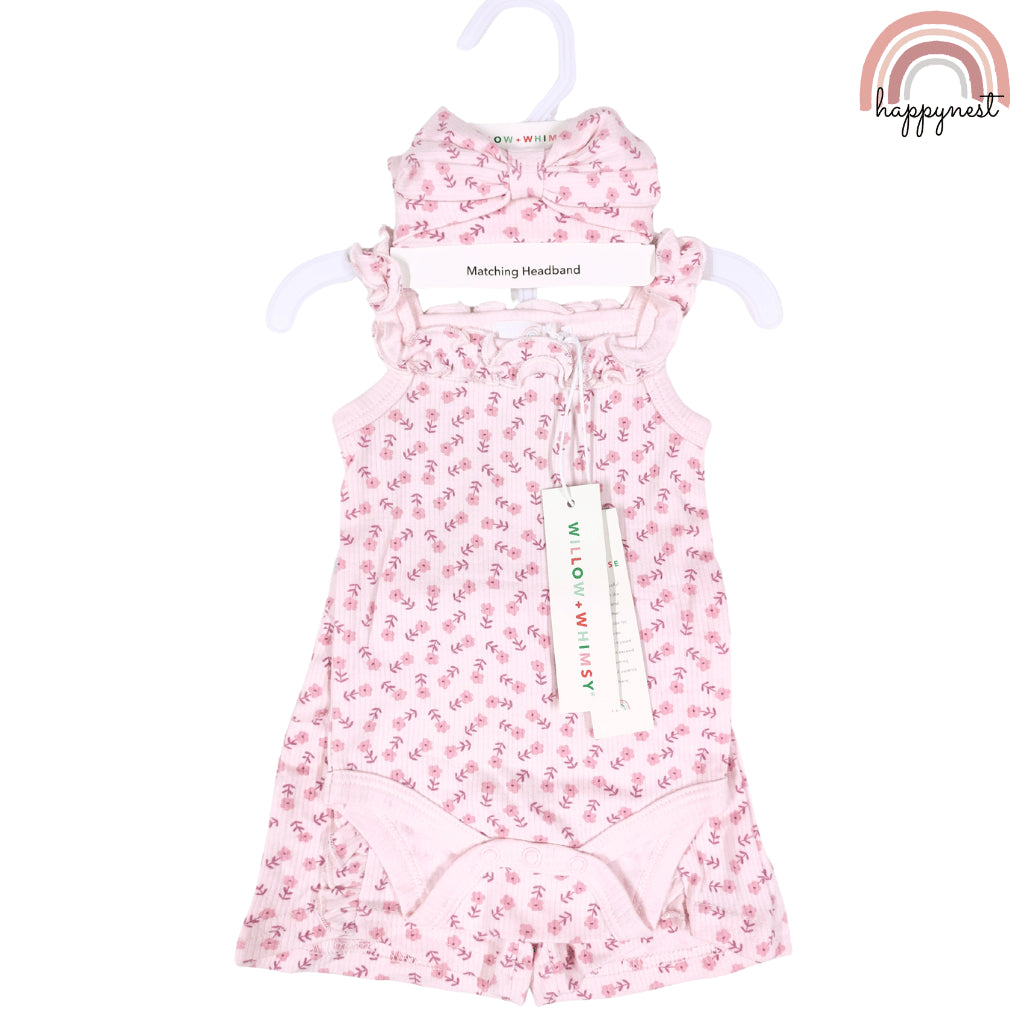 Baby Girl Clothes 3pcs Pink Romper Shorts and Headband Outfit 0-12 Months AA321