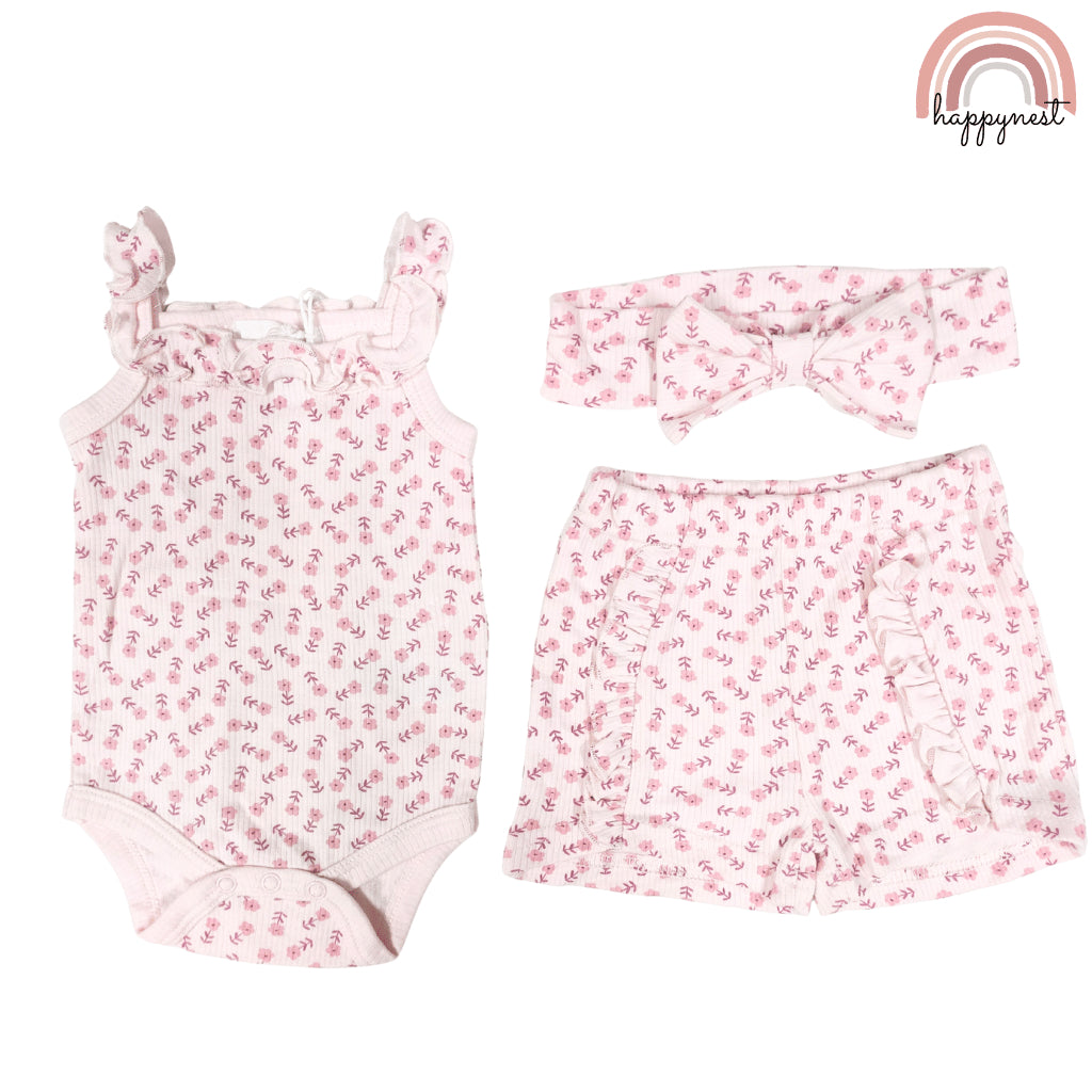 Baby Girl Clothes 3pcs Pink Romper Shorts and Headband Outfit 0-12 Months AA321