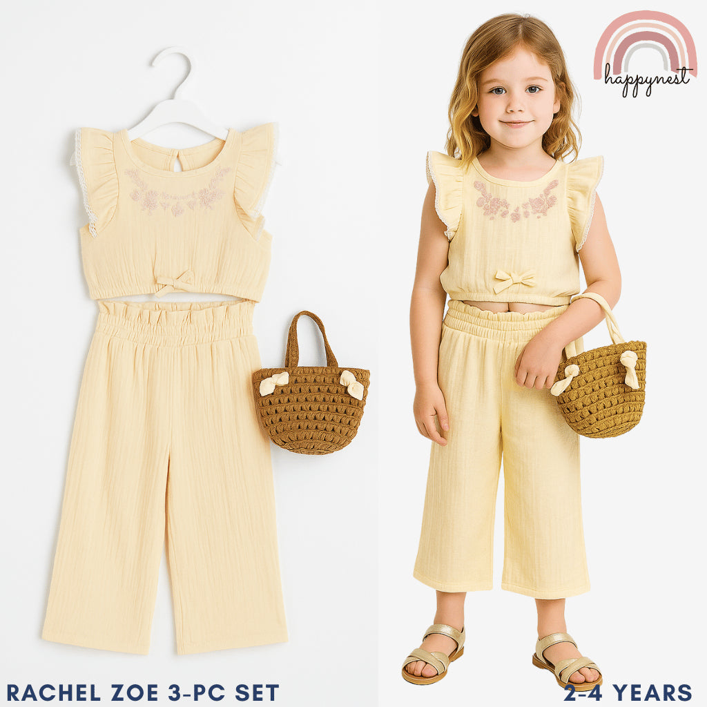 Rachel Zoe 3-Piece Yellow Baby Set with Embroidered Top, Pants & Bag (2–4 Years) | AA365