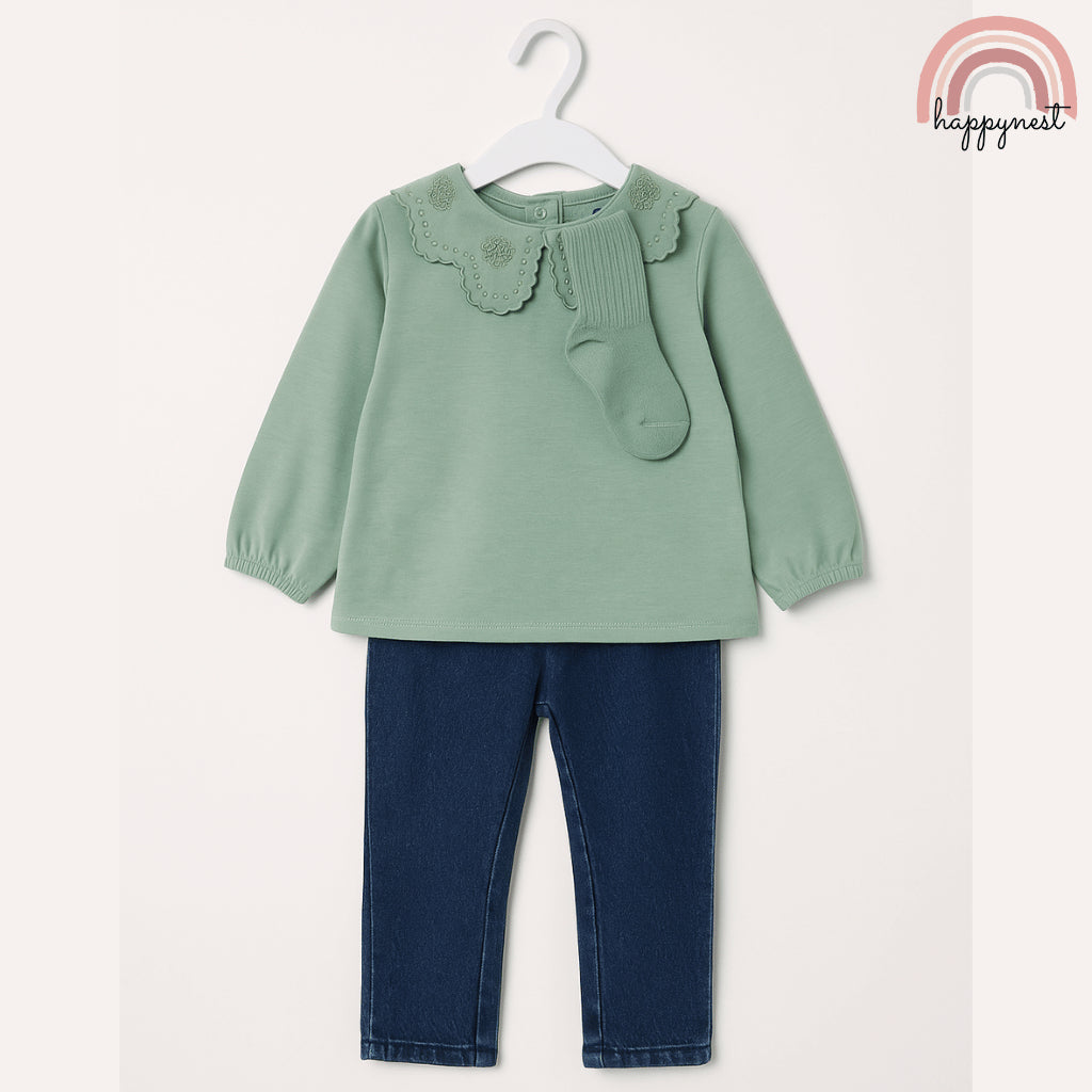 Kiabi 3-Piece Baby Set with Green Scallop Collar Top, Jeggings & Socks (3–36 Months) | SS553