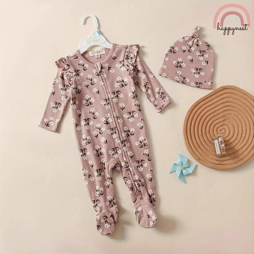 Baby Overalls Girl Ribbed Floral Ruffle Footed Sleeper & Hat Jessica Simpson Set 3-9 Months AA391