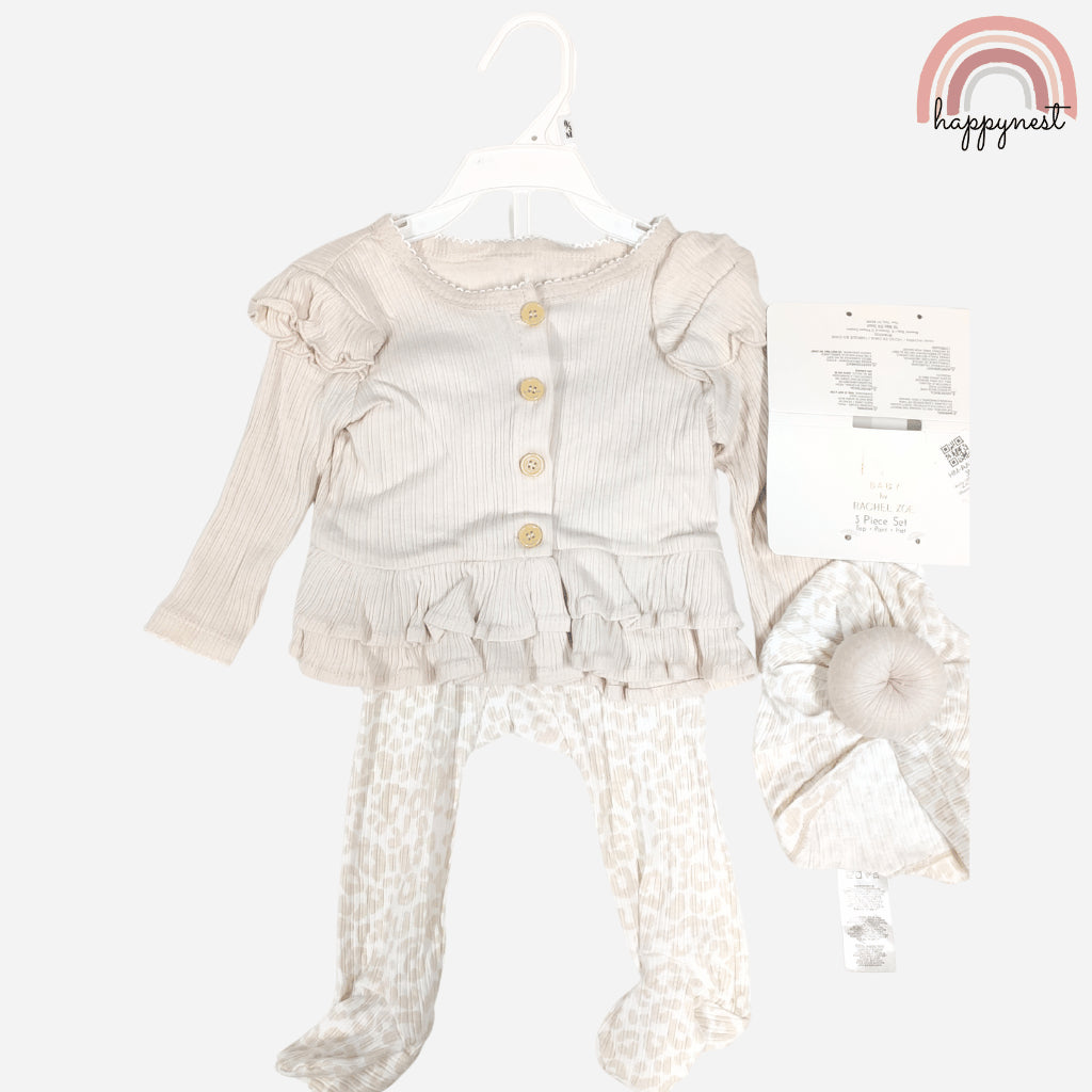 Baby 3-Piece Set Rachel Zoe Peplum Cardigan, Leopard Pants & Turban Hat Set 3-9M AA390