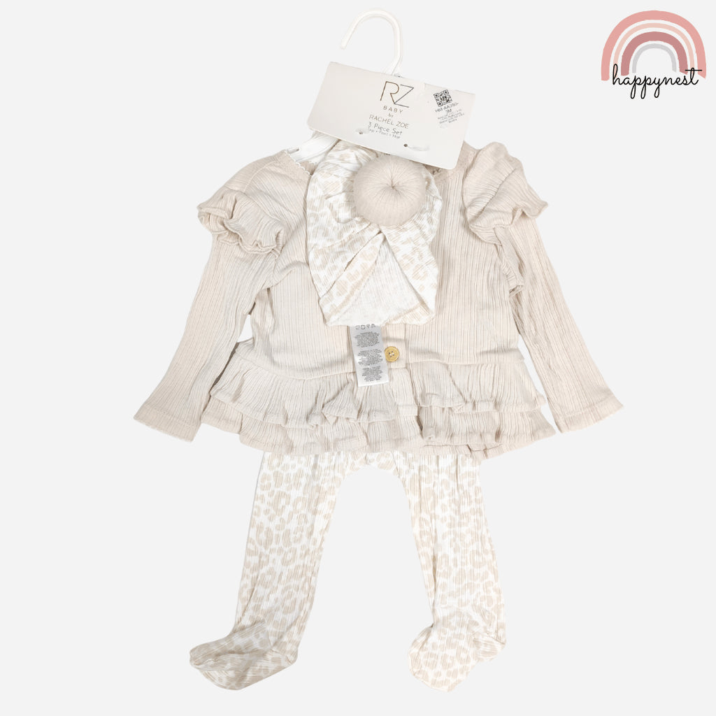 Baby 3-Piece Set Rachel Zoe Peplum Cardigan, Leopard Pants & Turban Hat Set 3-9M AA390