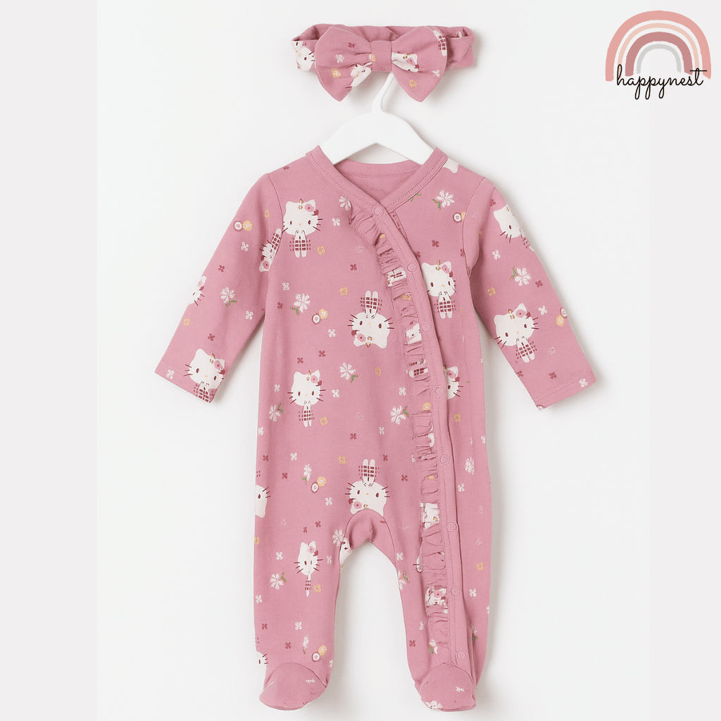 Hello Kitty Baby Overalls Footed Sleeper & Headband Set - Pink AA393 Newborn - 9 Months