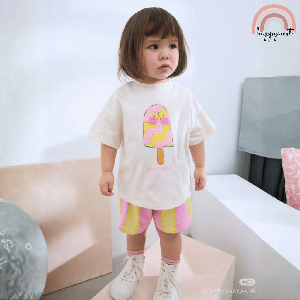 Ice Cream Striped Terno Set for Girls T-Shirt & Shorts (2-10Y) | AA423