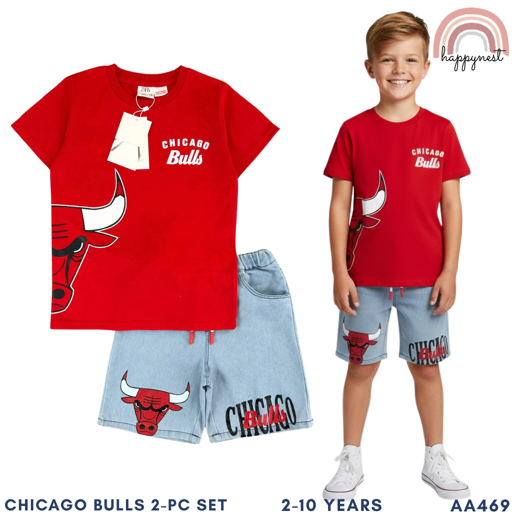 Chicago Bulls Kids 2-Pc Outfit Set - Red Graphic Tee & Denim Shorts (Ages 2-10) AA469