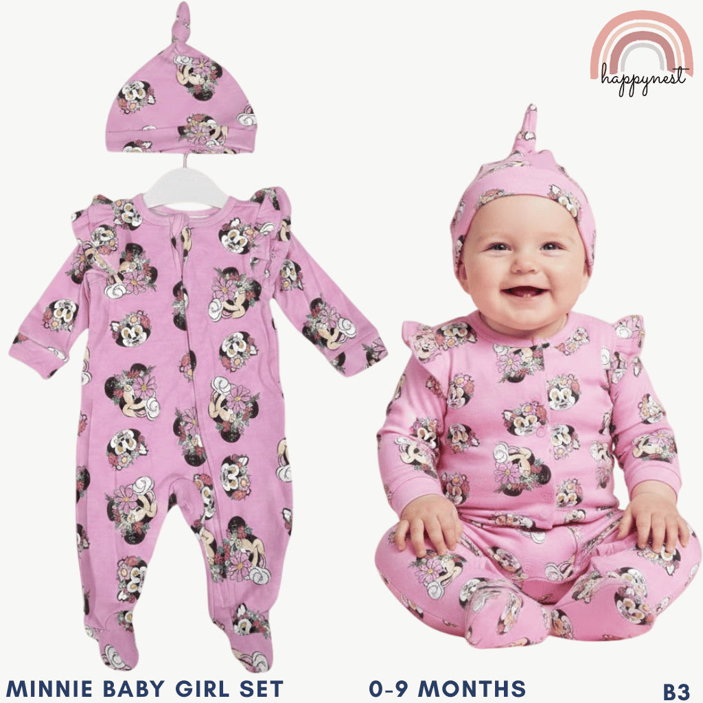 Disney Minnie Mouse Baby Girl 2-Pc Set | Floral Sleepsuit & Matching Hat | 0-9 Months (B3)