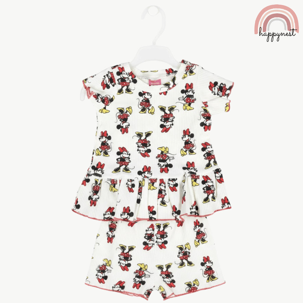 Disney Minnie Mouse Toddler Girls 2-Pc Ruffle Set | White Ribbed Cotton | 12-24 Months (B6)