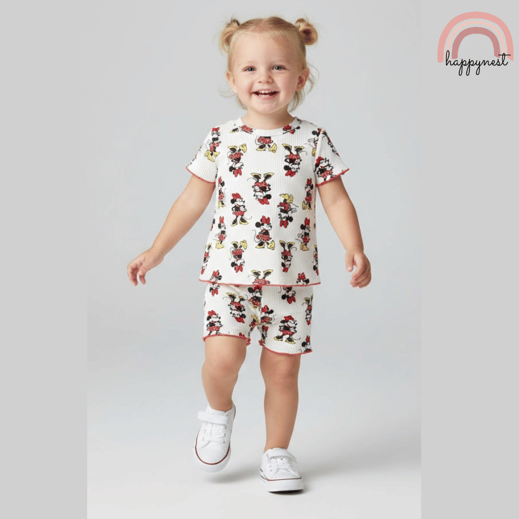 Disney Minnie Mouse Toddler Girls 2-Pc Ruffle Set | White Ribbed Cotton | 12-24 Months (B6)