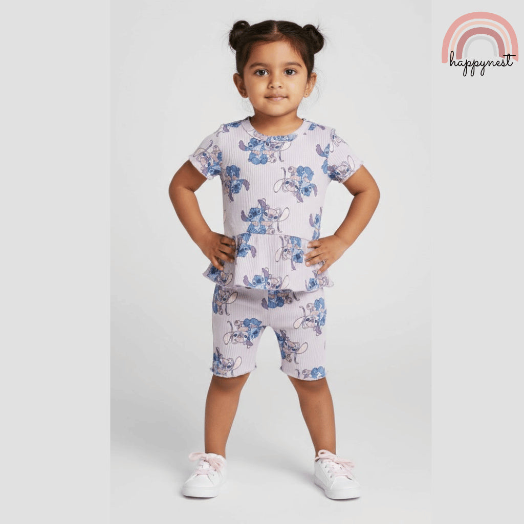 Disney Stitch & Angel Toddler Girls 2-Pc Ruffle Top & Shorts Set | Ribbed Cotton | 12-24 Months (B9)