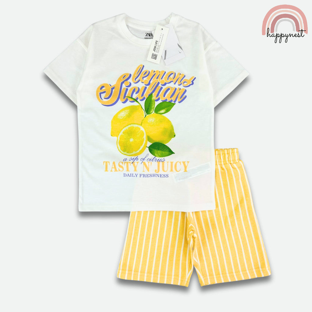 Sicilian Lemons Girls 2-Pc T-Shirt & Striped Shorts Set | Fresh Summer Outfit | 2-10 Years (AA488)
