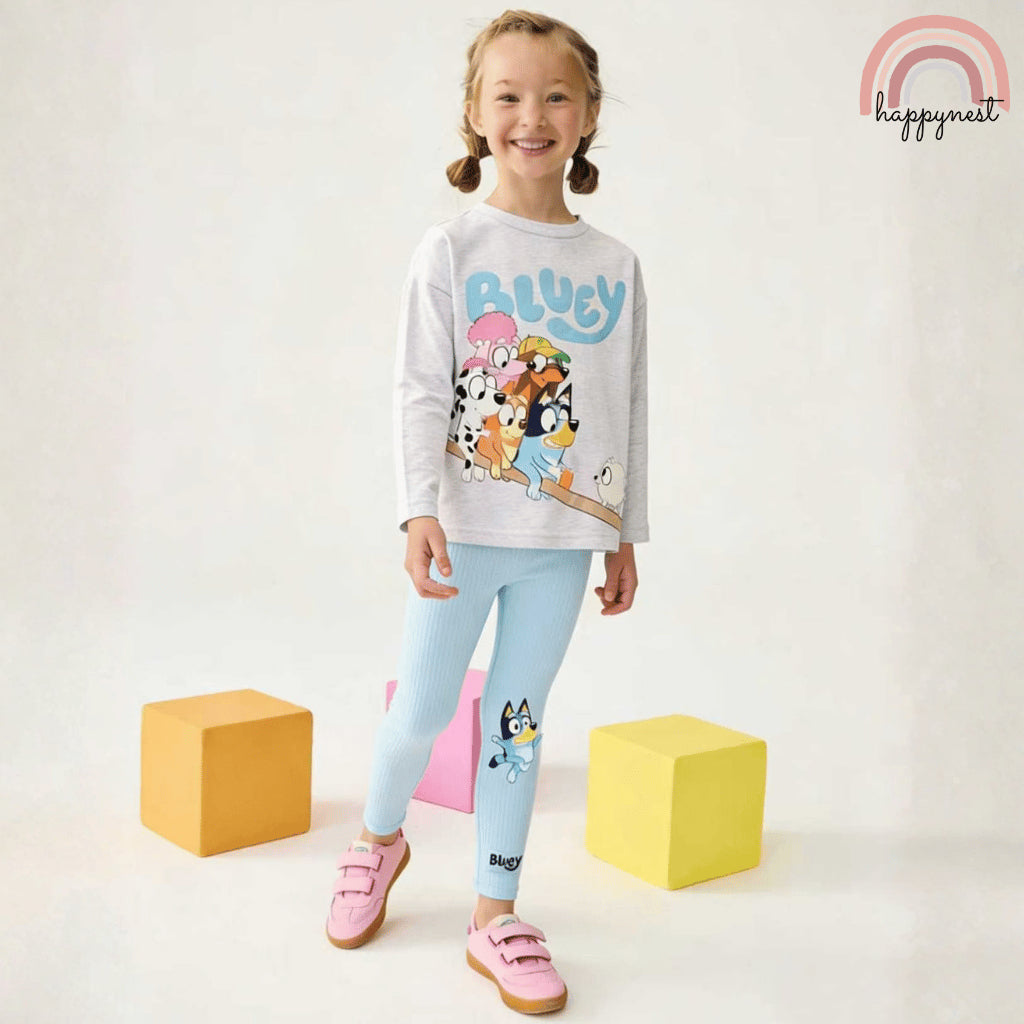 Bluey Girls 2-Pc Long Sleeve Top & Ribbed Leggings Set | Grey & Blue | (SS685) 1-4 Years