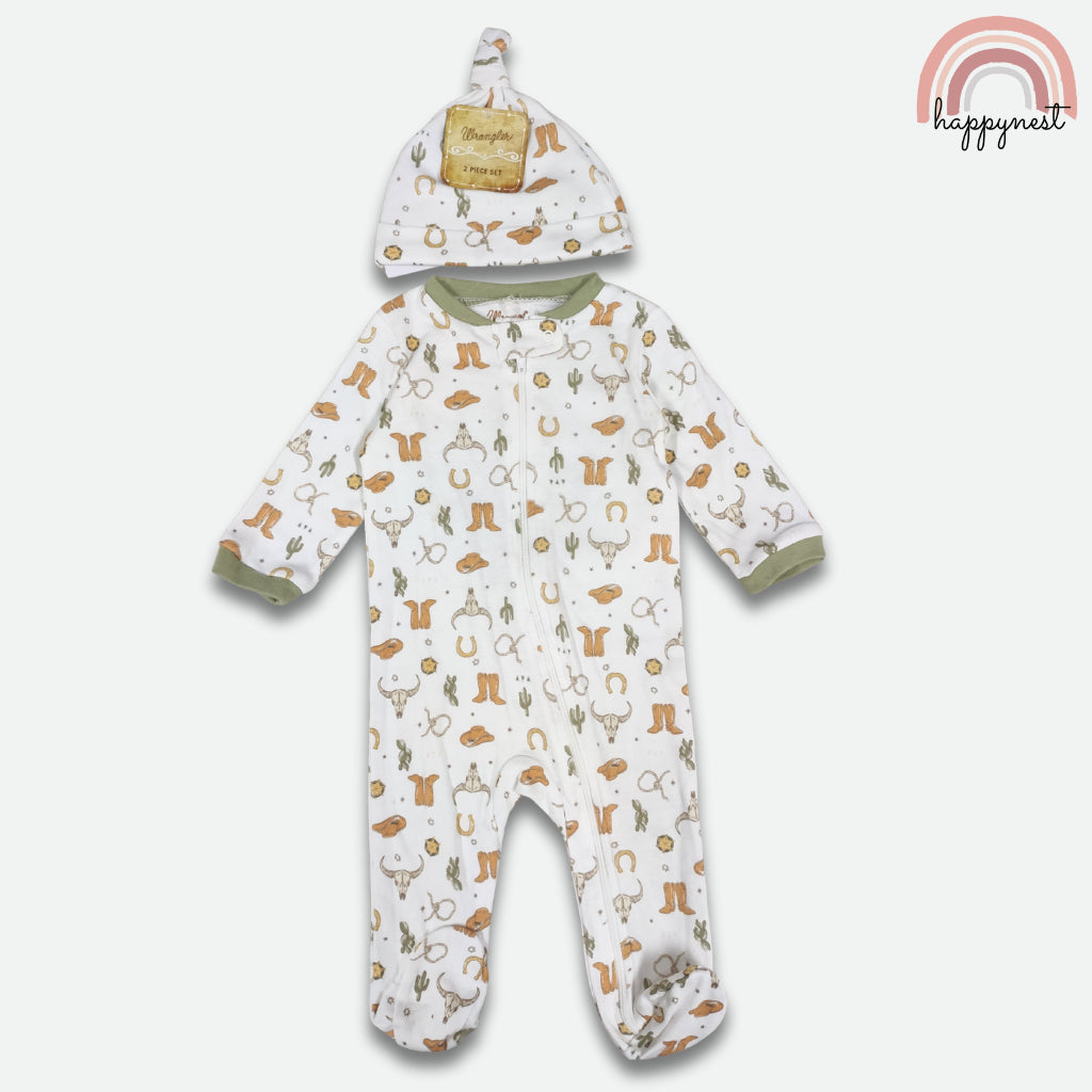 Wrangler Baby 2-Pc Sleepsuit & Hat Set | Cowboy Gear Print (B56) 3-9 Months