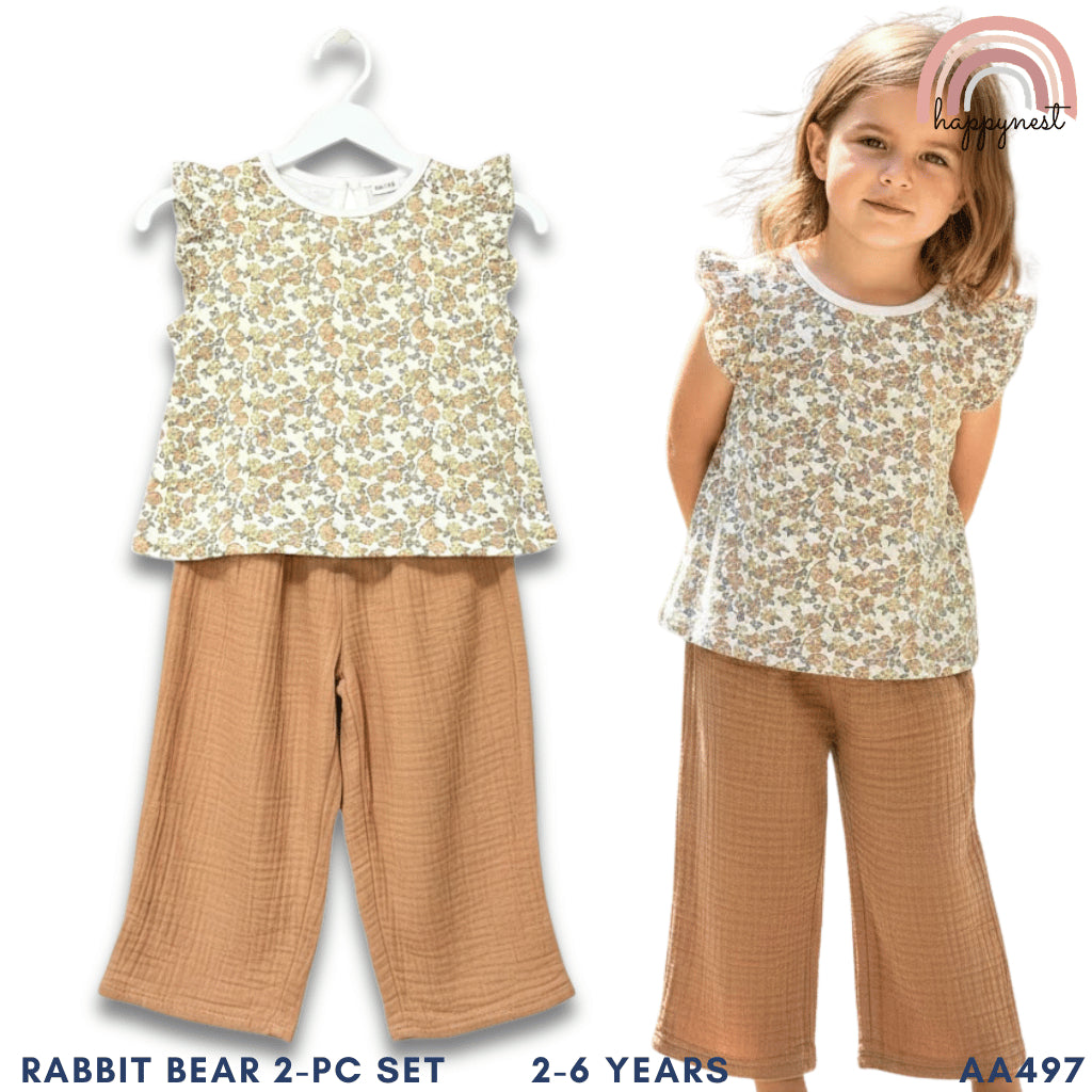 Rabbit Bear Floral Garden 2-PC Ruffle Tee & Pants (AA497) | 2-6Y
