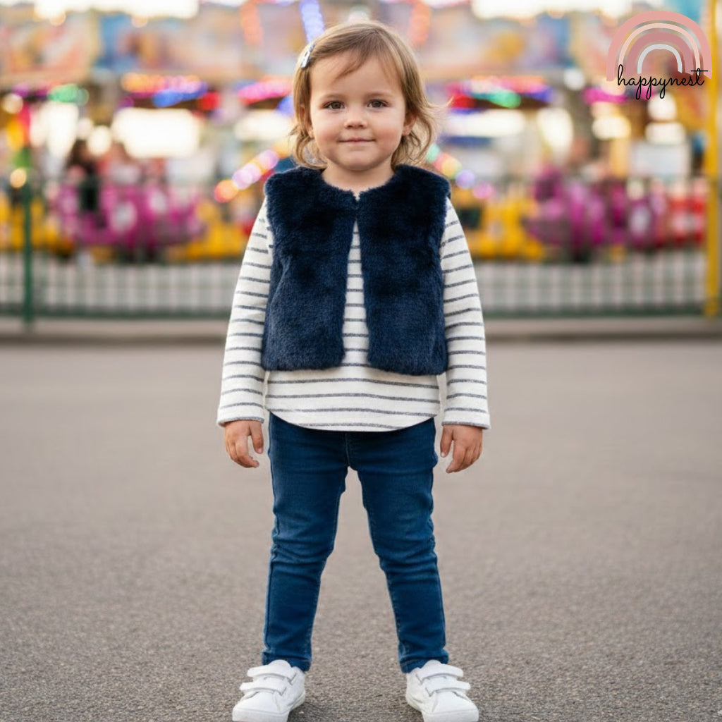 Primark Girls 3-Pc Set | Faux Fur Vest, Striped Tee & Leggings | 0-36M (SS674)