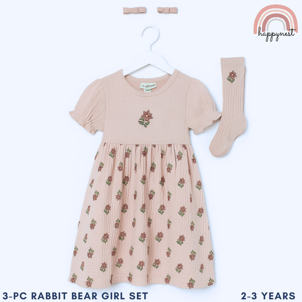 Rabbit Bear Baby Girl Dress Set 3pcs with Socks and Hair Clips Outfit 2-3 Years AA325