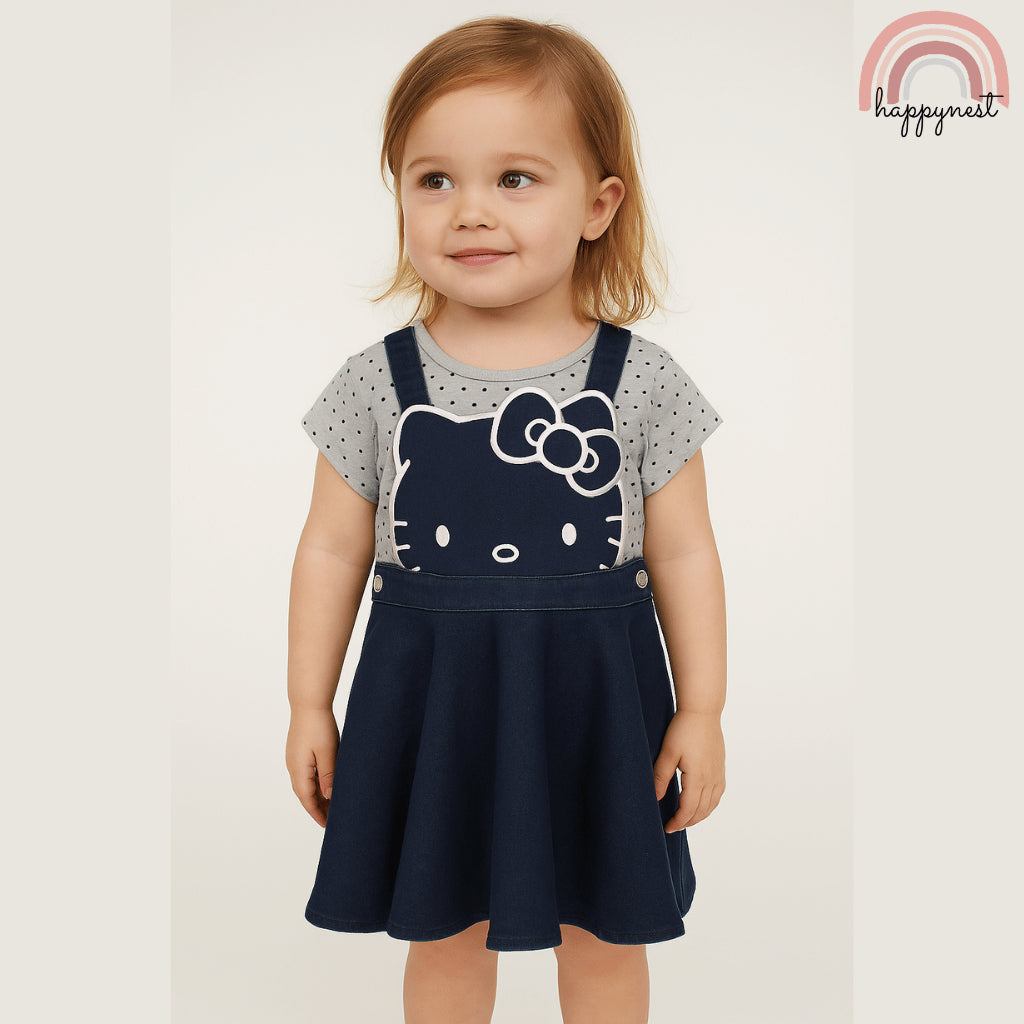 Hello Kitty Girls Denim Jumper Dress – Shirt & Skirt Outfit | Overruns Quality | 2–7Y (AA310)