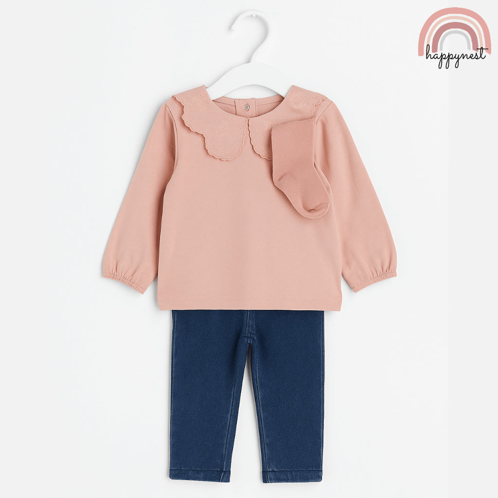 Kiabi Baby Set with Scallop Collar Top, Denim & Socks 3-Piece (3–36 Months) | SS552