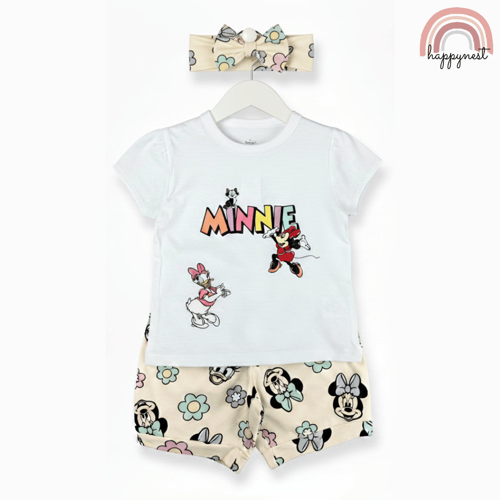 Minnie Baby Girl OOTD 3-Piece Set – Blue Shirt, Beige Shorts & Headband 3 to 24 Months AA180