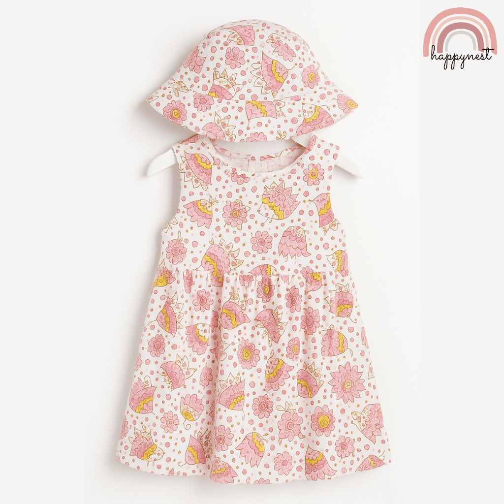 Sweet Owl and Flowers Print Dress and Hat Terno for Little Girls 4-7 Years AA379