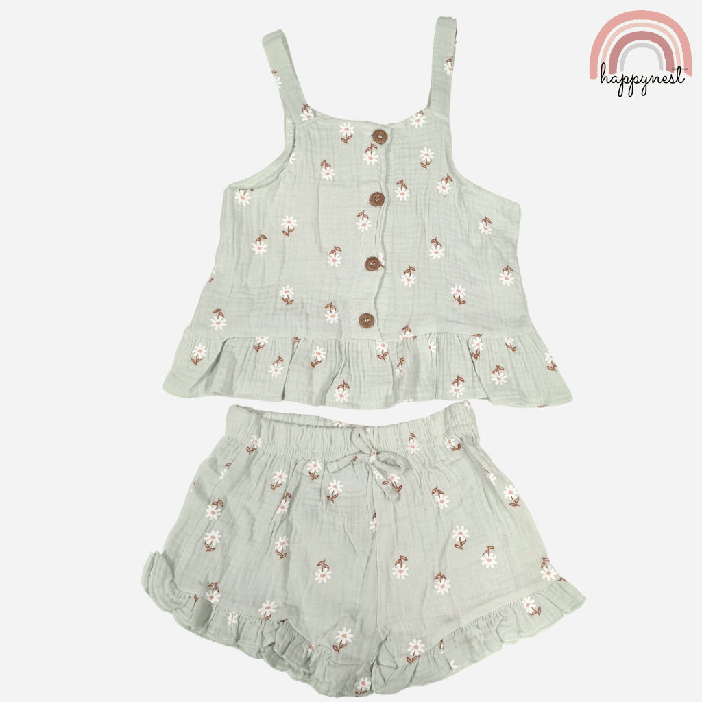 Baby Girl Outfit OOTD Set Green Floral Cotton & Pearl Sunglasses 2 to 4 Years AA418