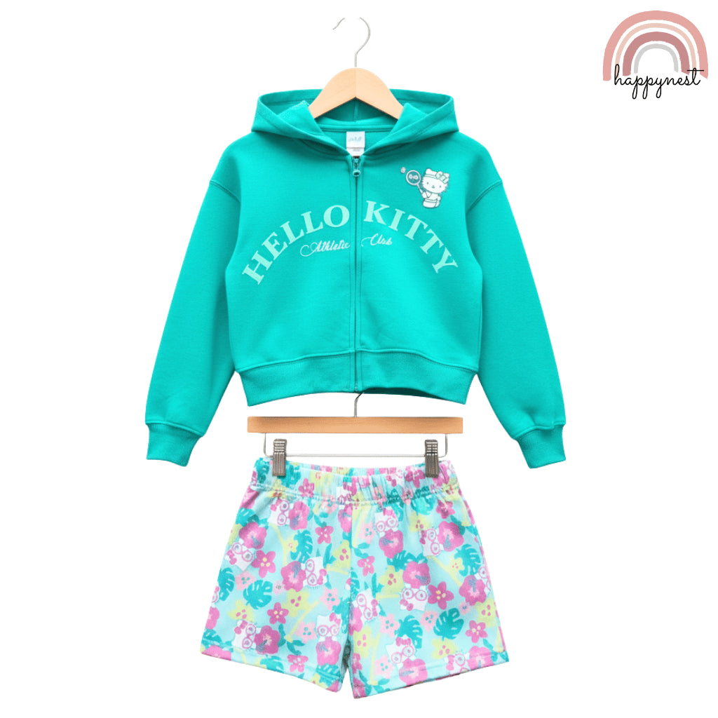 HELLO KITTY Girls Kids 2PC Set Teal Zipper Hoodie Floral Shorts Summer 3-8Y SS616