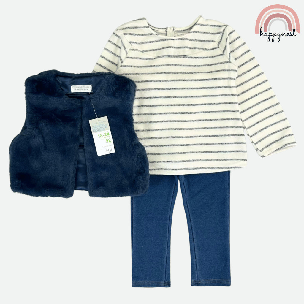 Primark Girls 3-Pc Set | Faux Fur Vest, Striped Tee & Leggings | 0-36M (SS674)
