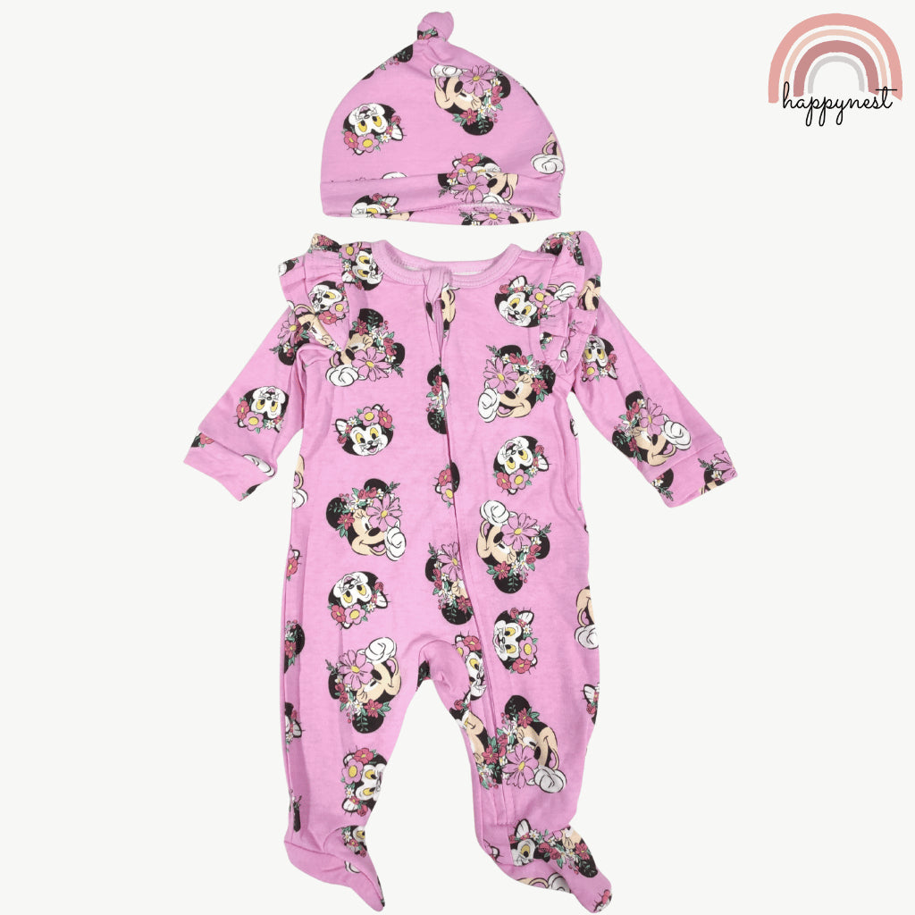 Disney Minnie Mouse Baby Girl 2-Pc Set | Floral Sleepsuit & Matching Hat | 0-9 Months (B3)