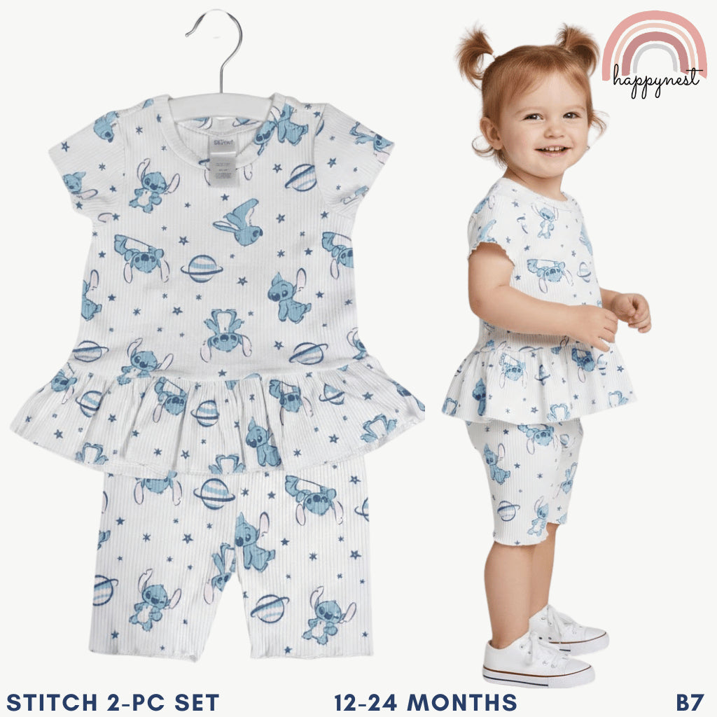 Disney Stitch Girls Kid 2-Pc Ruffle Top & Shorts Set | 2-6 Years White Ribbed Cotton (B7)