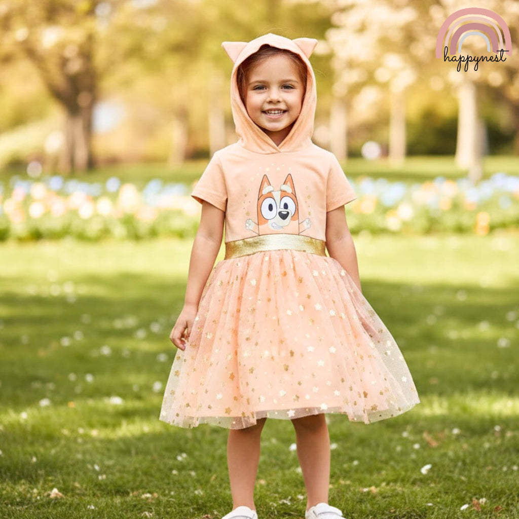 Bingo Bluey Kids Hooded Tutu Dress - Sparkly Peach Character Dress for Girls (D6)