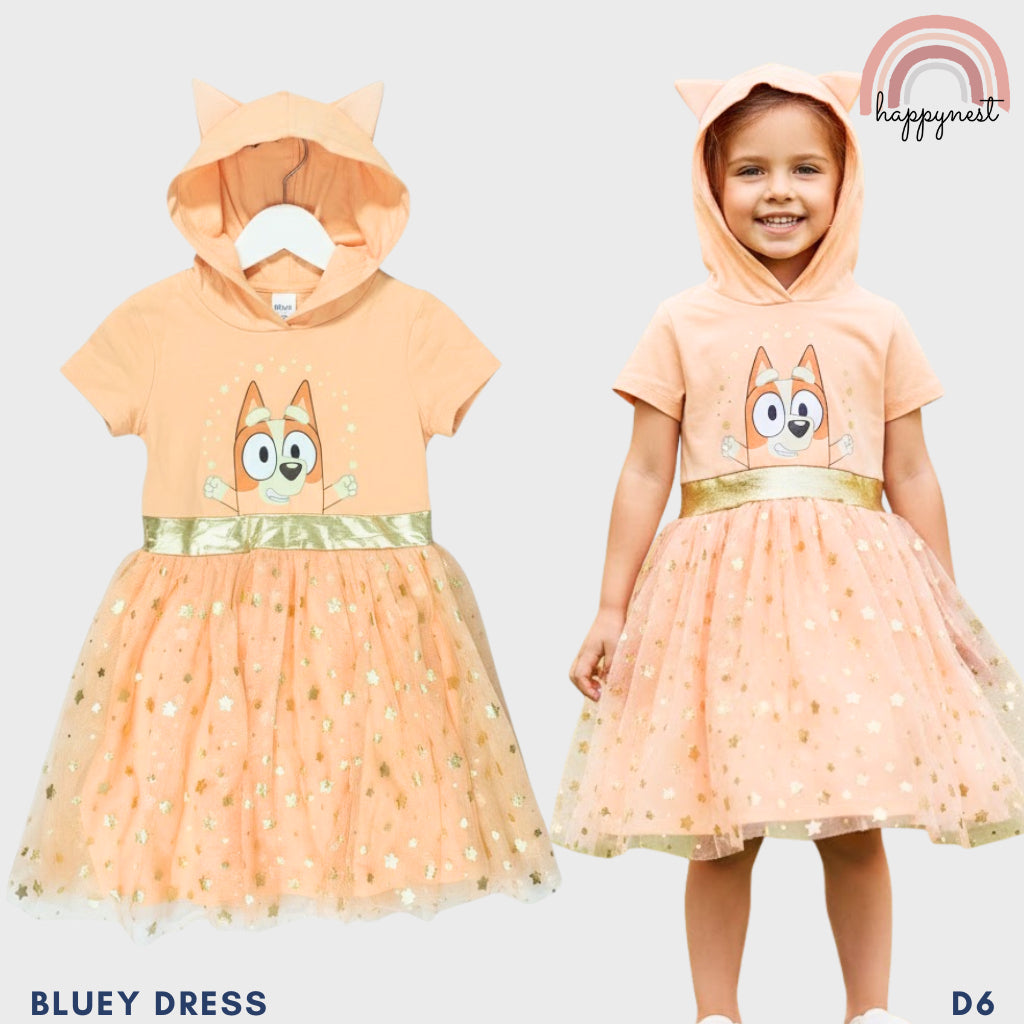 Bingo Bluey Kids Hooded Tutu Dress - Sparkly Peach Character Dress for Girls (D6)
