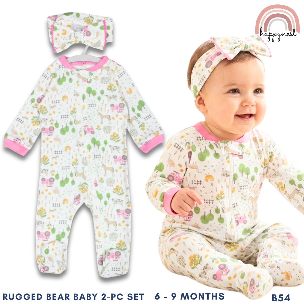 Rugged Bear Baby Girl Sleepsuit & Headband Set. | Farm Print (B54) 6-9 Months