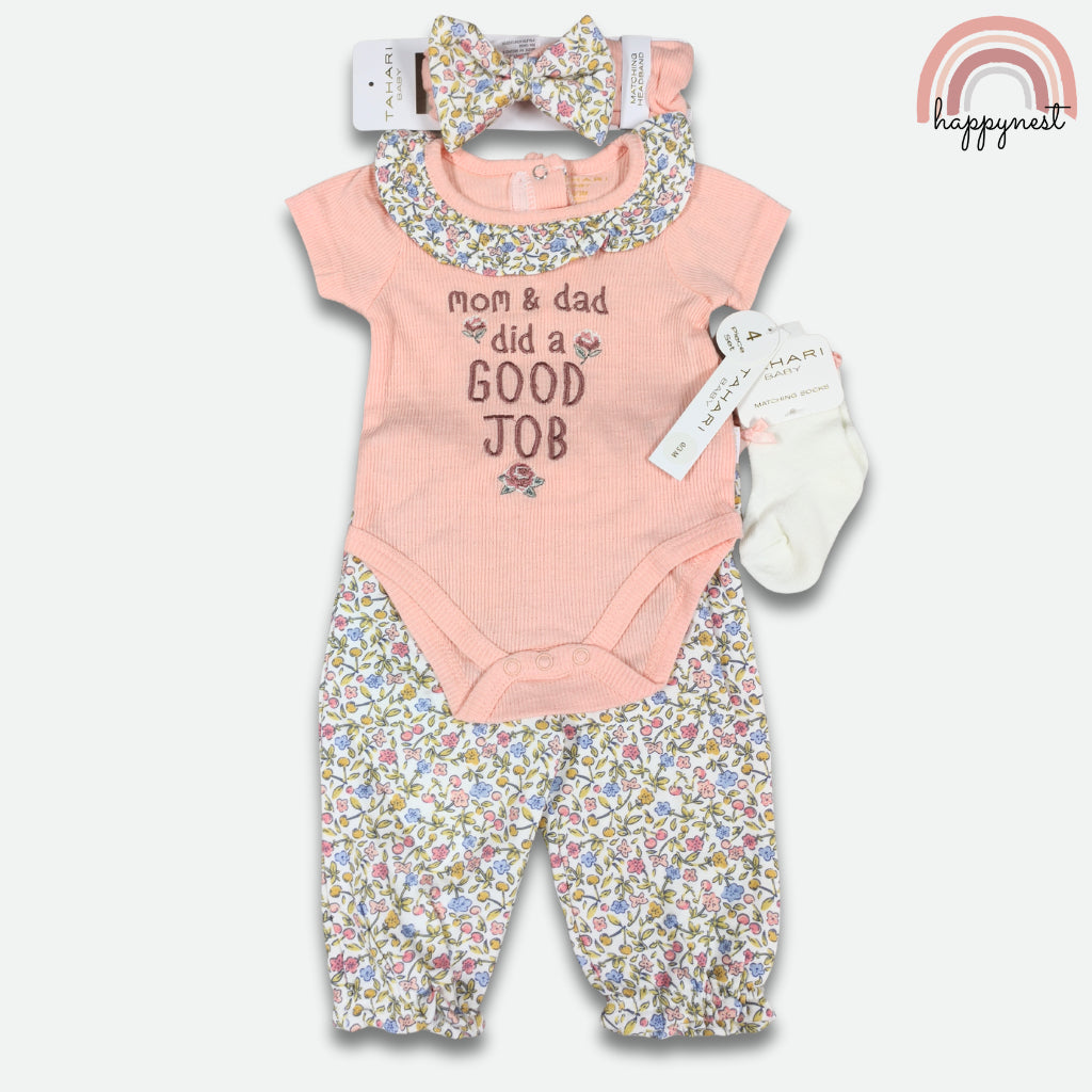 Tahari Baby Girl 4-Pc Gift Set 3-9 Months | Ribbed Bodysuit & Floral Bloomers (B64)