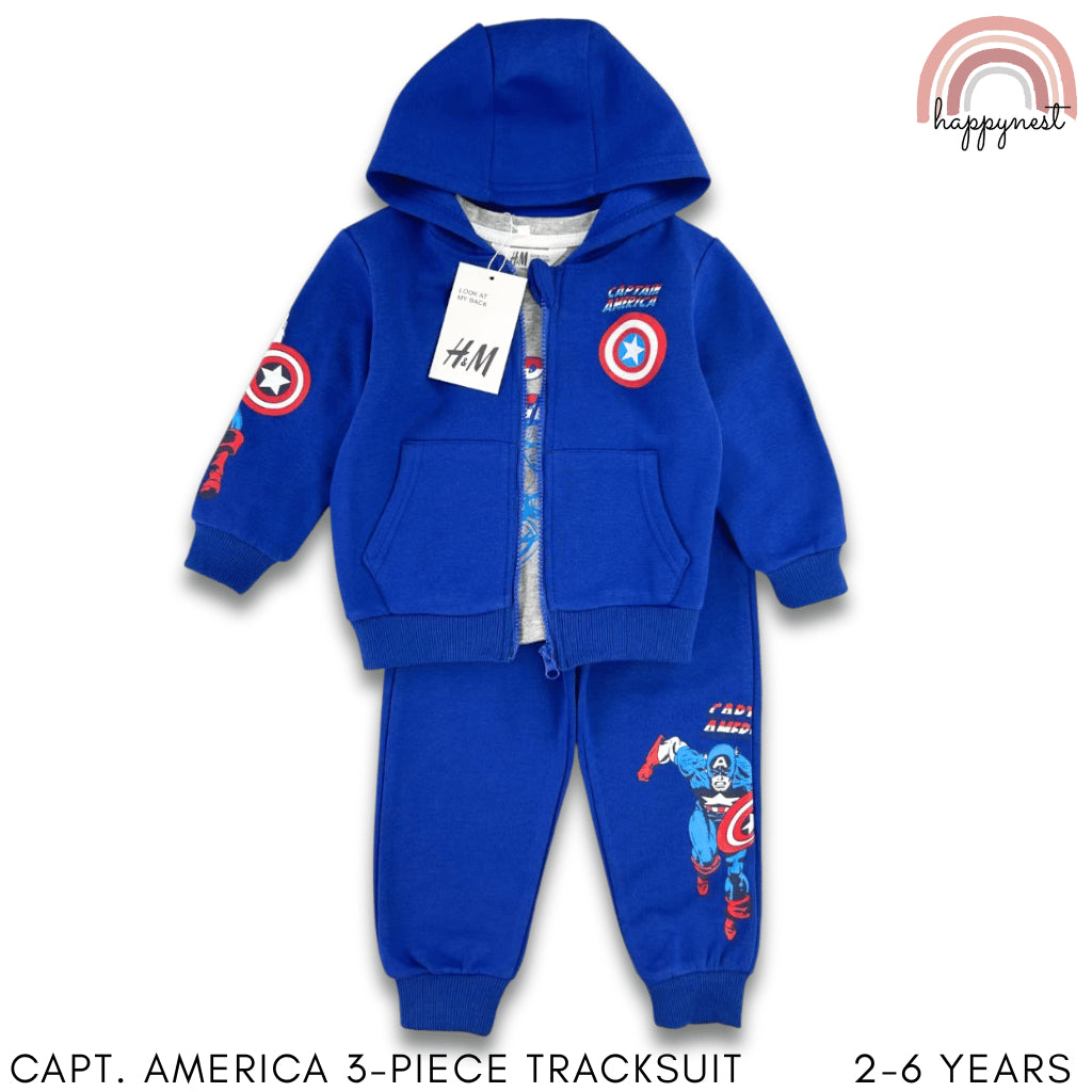 Captain America 3PC Kids Tracksuit – Hoodie, Shirt & Jogger Pants Set | 2–6 Years (SS535)