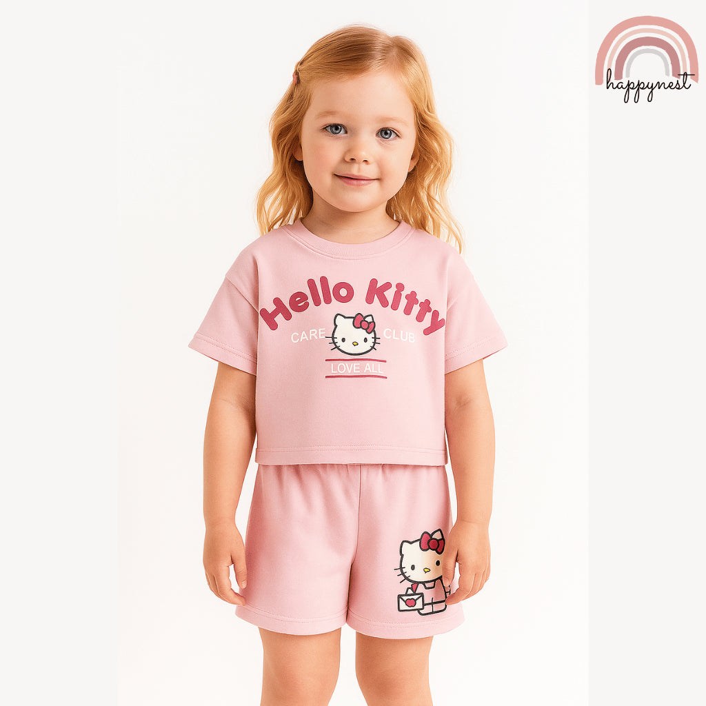 Hello Kitty Girls 2PC Outfit – Pink Shirt & Shorts Set | Overruns Quality | 2–8 Years (AA300)