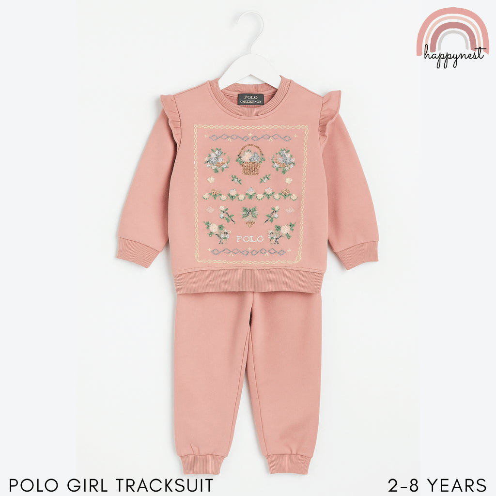 Polo Girls Tracksuit – Floral Sweatshirt & Jogger Pants Set | Overruns Quality | 2–8 Years (SS524)