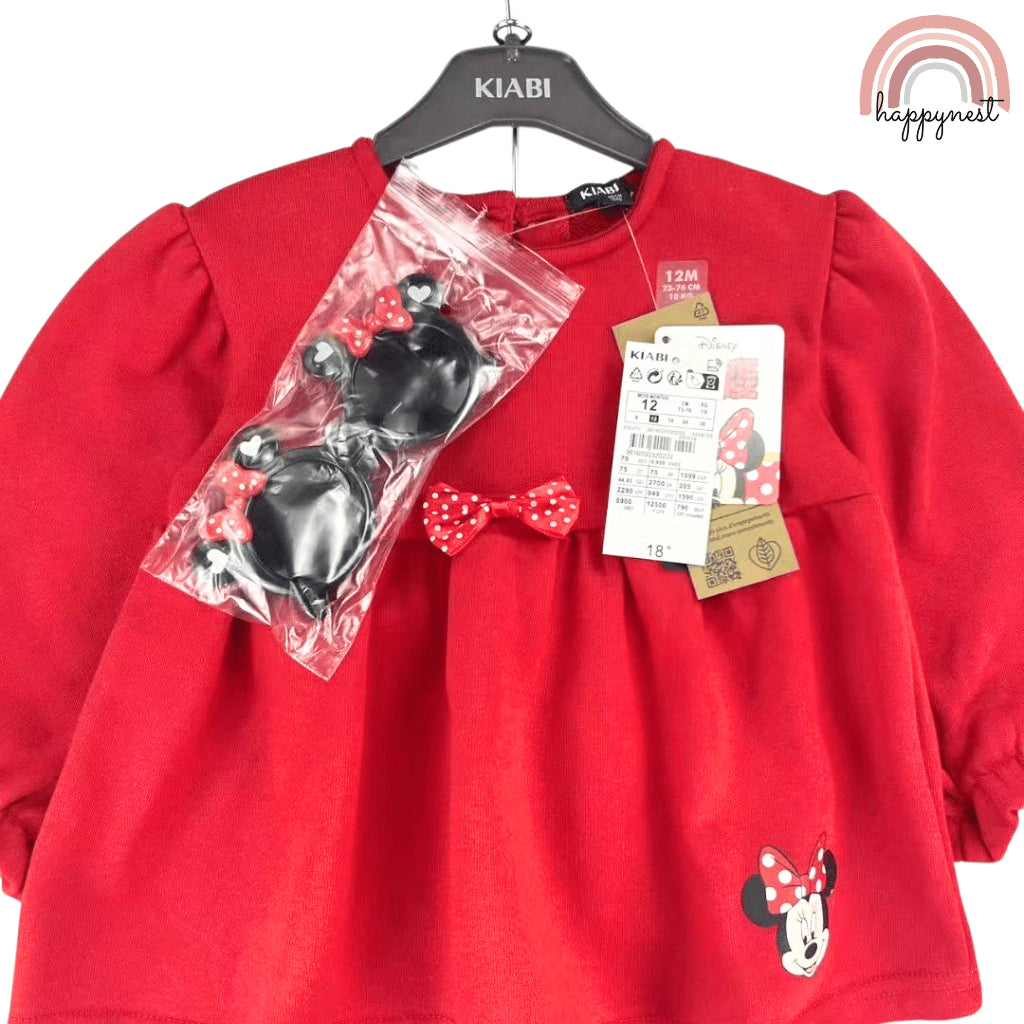 Minnie 3PC Red Outfit – Long Sleeve Dress Top, Leggings & Sunglasses | Overruns | 6–36M (SS559)