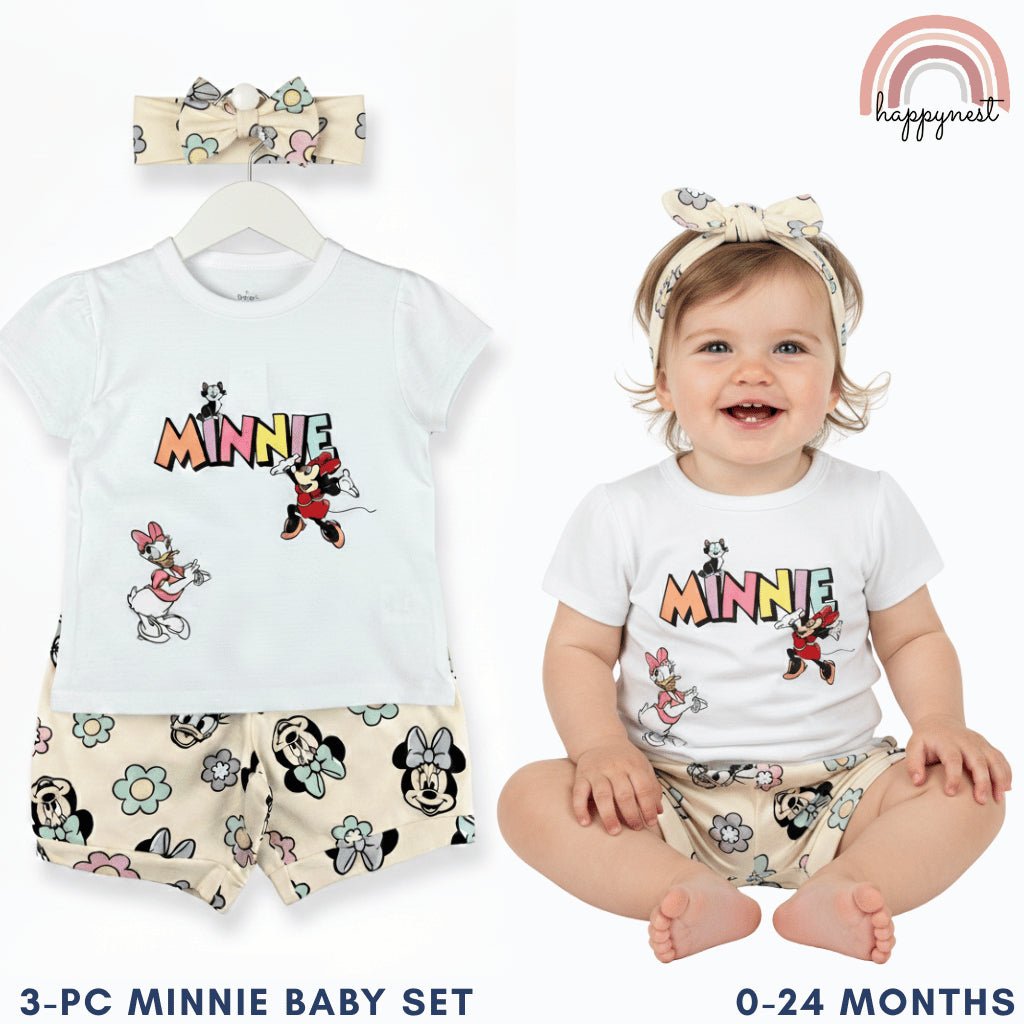 Minnie Baby Girl OOTD 3-Piece Set – Blue Shirt, Beige Shorts & Headband 3 to 24 Months AA180