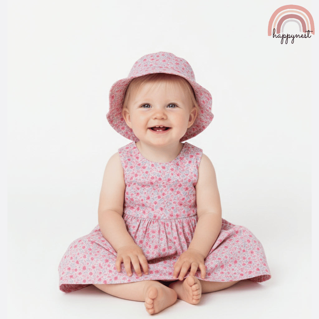 Cute Pink Floral Dress and Hat Terno for Baby Infant Girls 3-24 Months AA374
