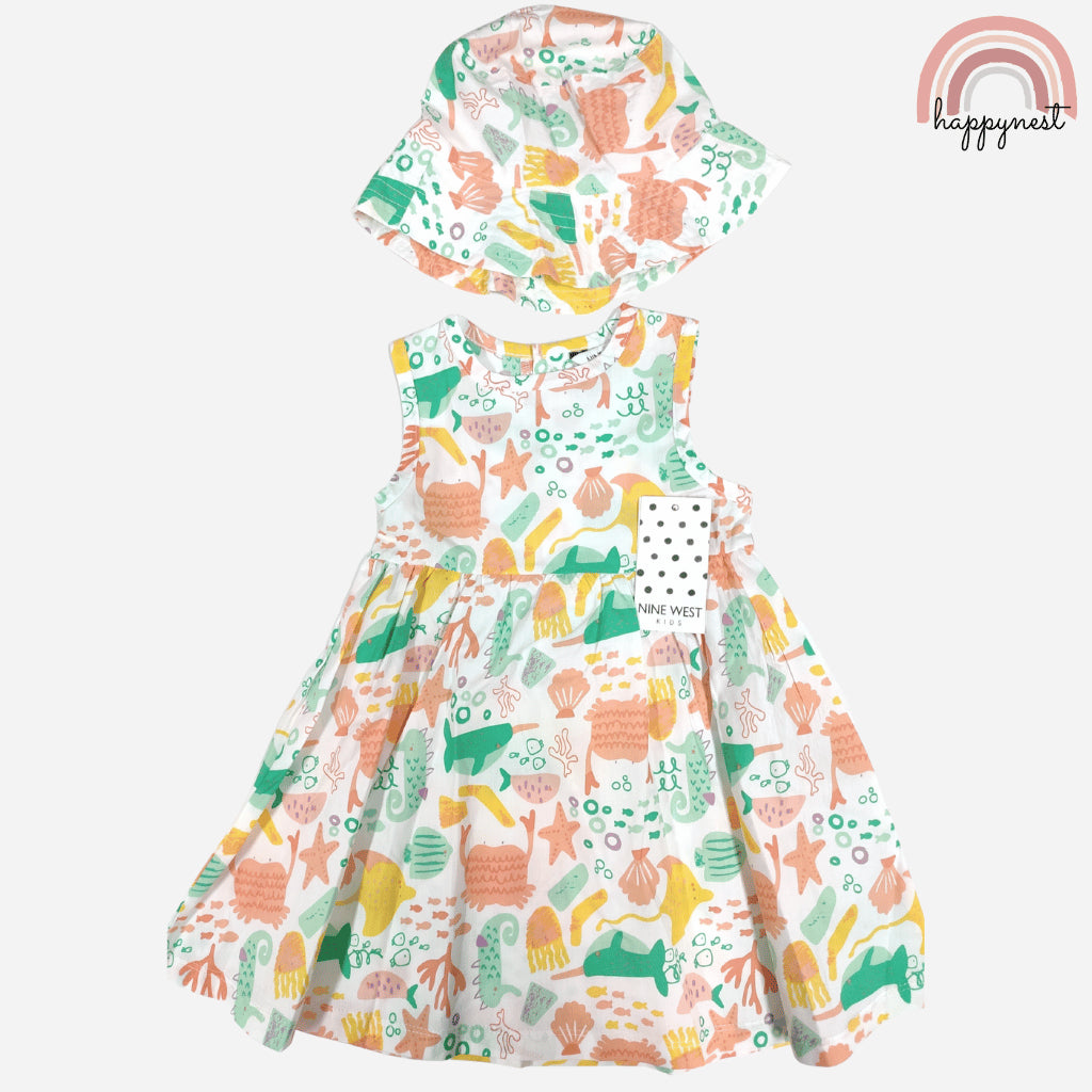 Fun Sea Life Ocean Print Dress and Hat Terno for Toddler Girls 2-4 Years AA377