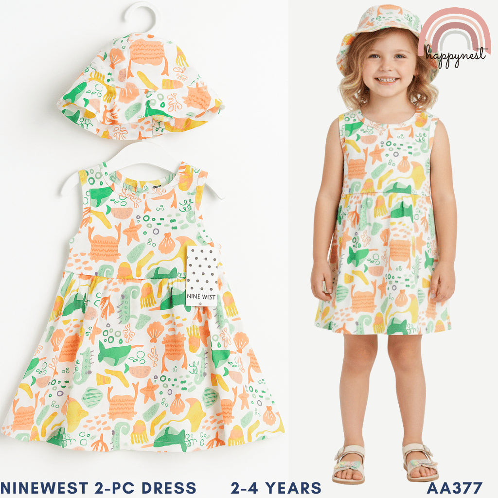 Fun Sea Life Ocean Print Dress and Hat Terno for Toddler Girls 2-4 Years AA377