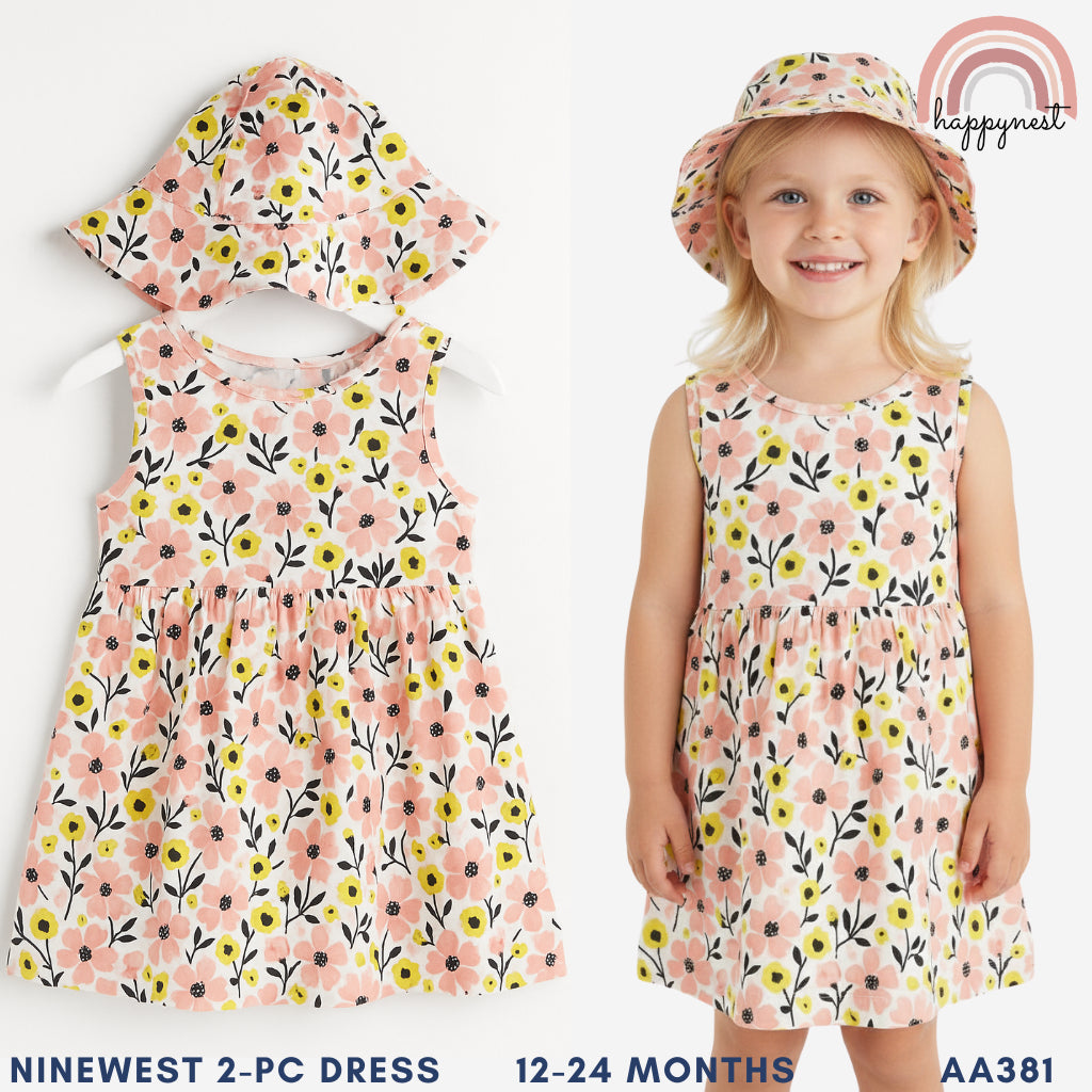 Pink & Yellow Floral Dress & Hat Set for Girls 12-24M AA381