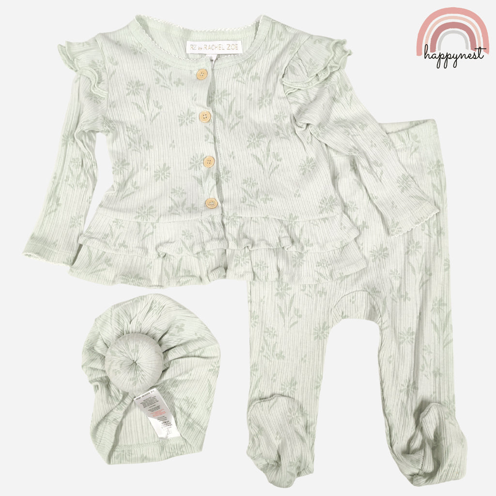 Baby Overalls Set Rachel Zoe Ribbed Cardigan, Footed Pants & Turban Hat Set AA387 3-9 Months