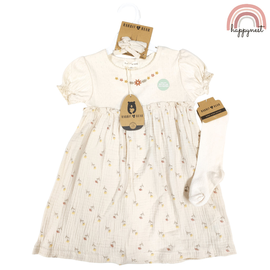 Girls Floral Dress with Socks & Clips Set Rabbit Bear (2-4Y) | AA323