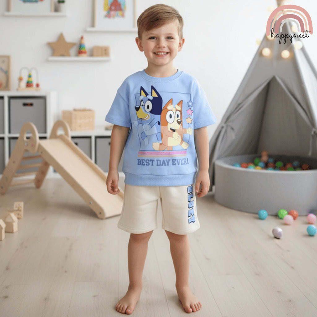 Bluey Terno Shirt & Shorts Set for Kids "Best Day Ever" Outfit 5-7Y AA446