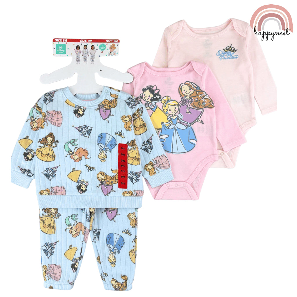 Disney PRINCESS Baby 4PC Set Light Blue Pink Toddler Pajama Sleepwear Bodysuit 9M-2Y SS598