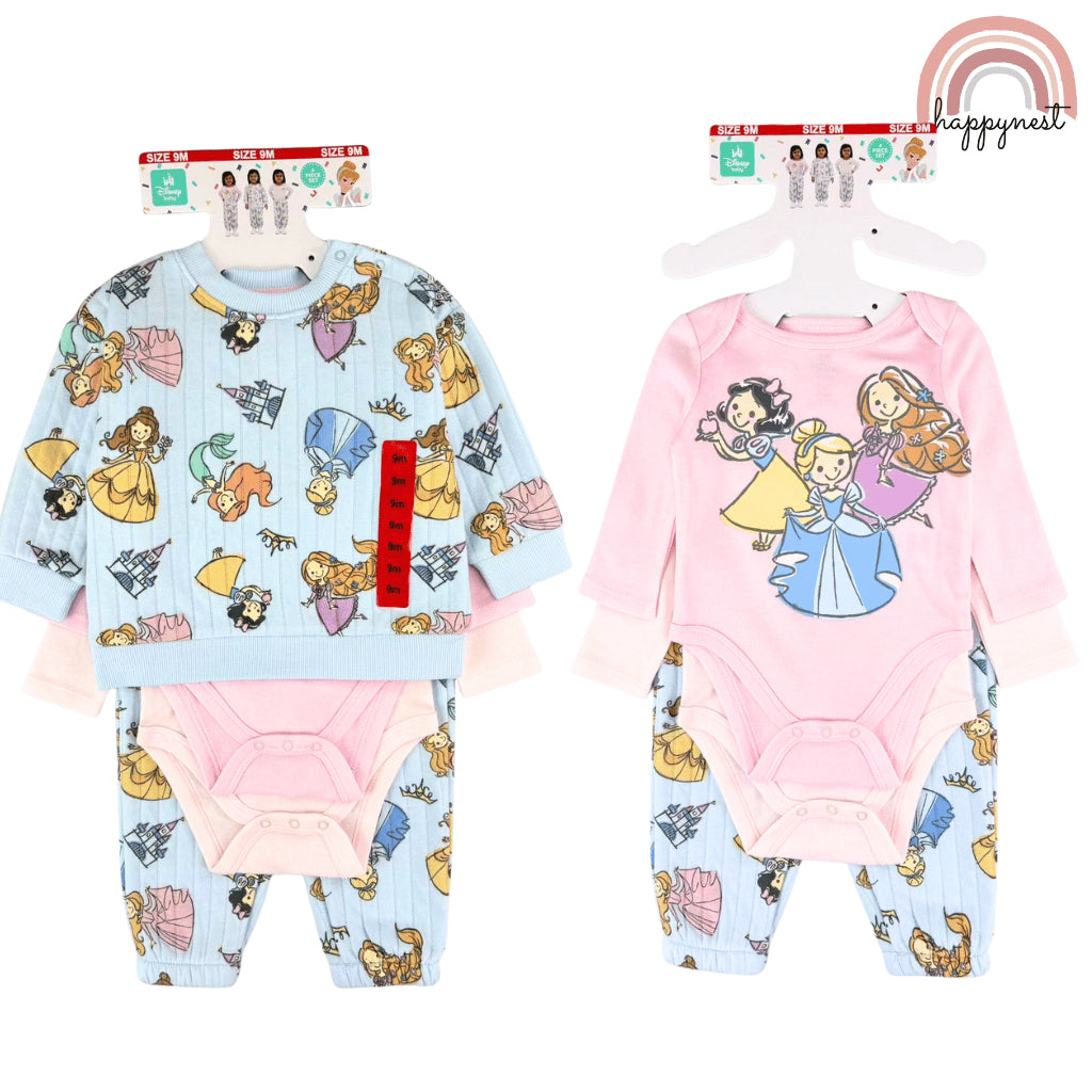Disney PRINCESS Baby 4PC Set Light Blue Pink Toddler Pajama Sleepwear Bodysuit 9M-2Y SS598
