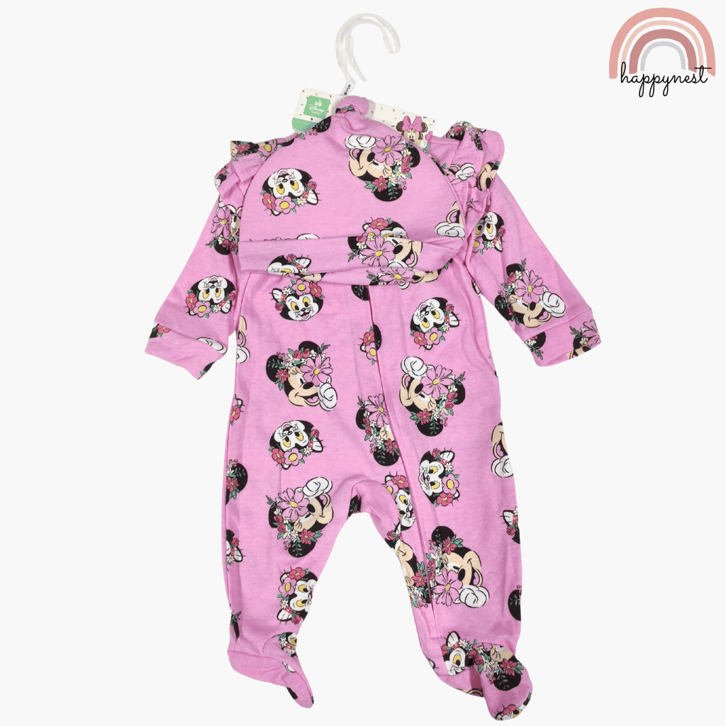 Disney Minnie Mouse Baby Girl 2-Pc Set | Floral Sleepsuit & Matching Hat | 0-9 Months (B3)