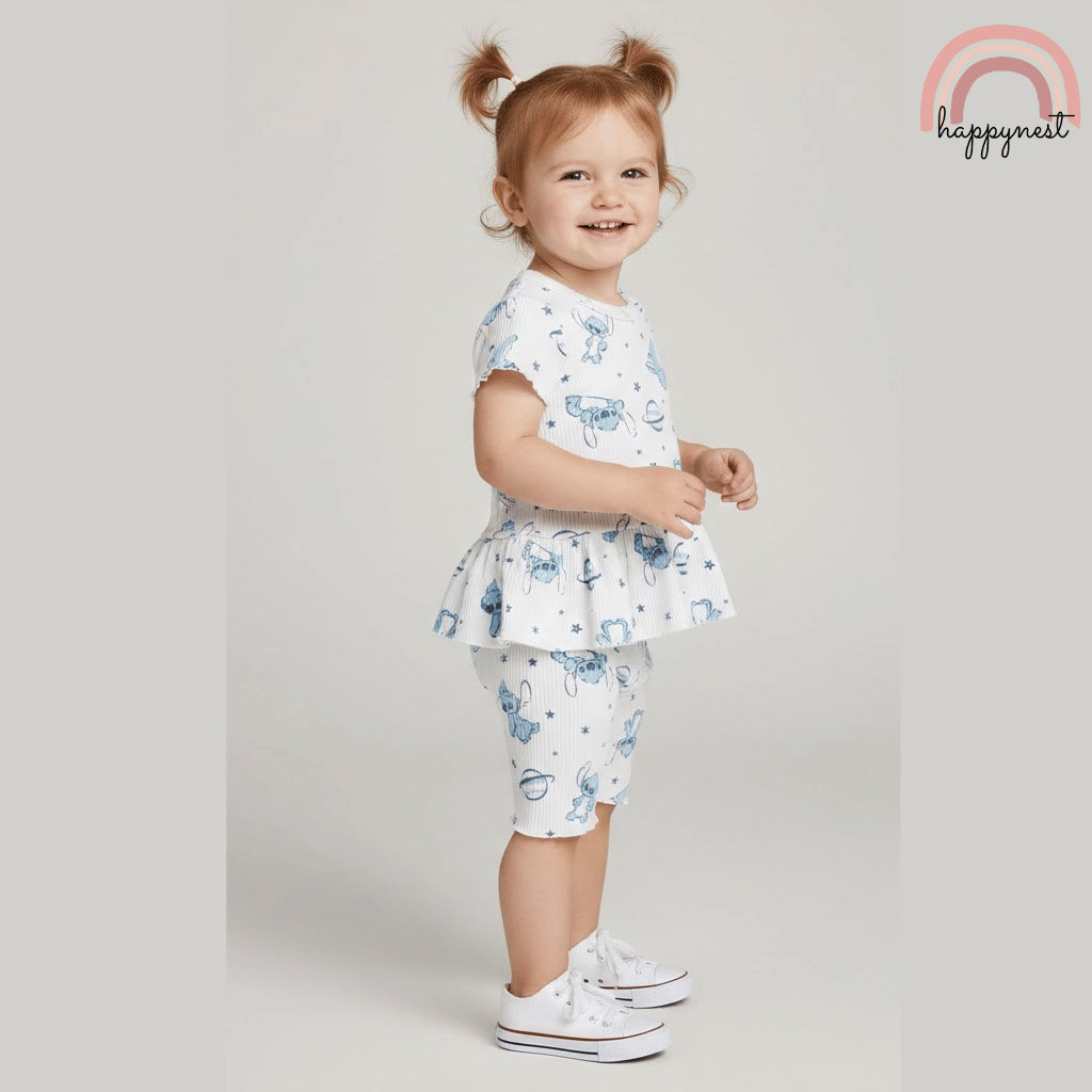 Disney Stitch Girls Kid 2-Pc Ruffle Top & Shorts Set | 2-6 Years White Ribbed Cotton (B7)