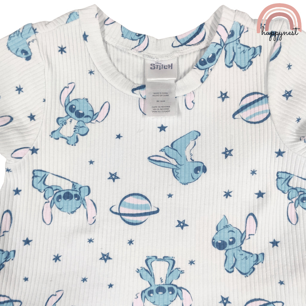 Disney Stitch Girls Kid 2-Pc Ruffle Top & Shorts Set | 2-6 Years White Ribbed Cotton (B7)